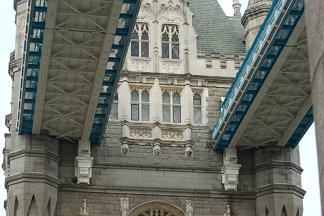 The high-level walkways of Tower Bridge between the two towers, seen from the road below