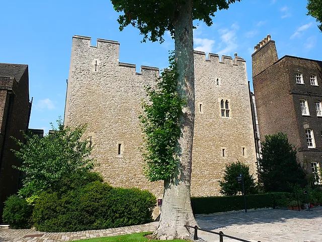 The east face of the Beauchamp Tower, a round-towered stone building on the inner wall of the Tower of London