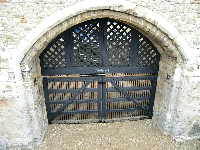 Traitors' Gate, the water gate on the Thames side of the Tower of London, with its stone arch and walls