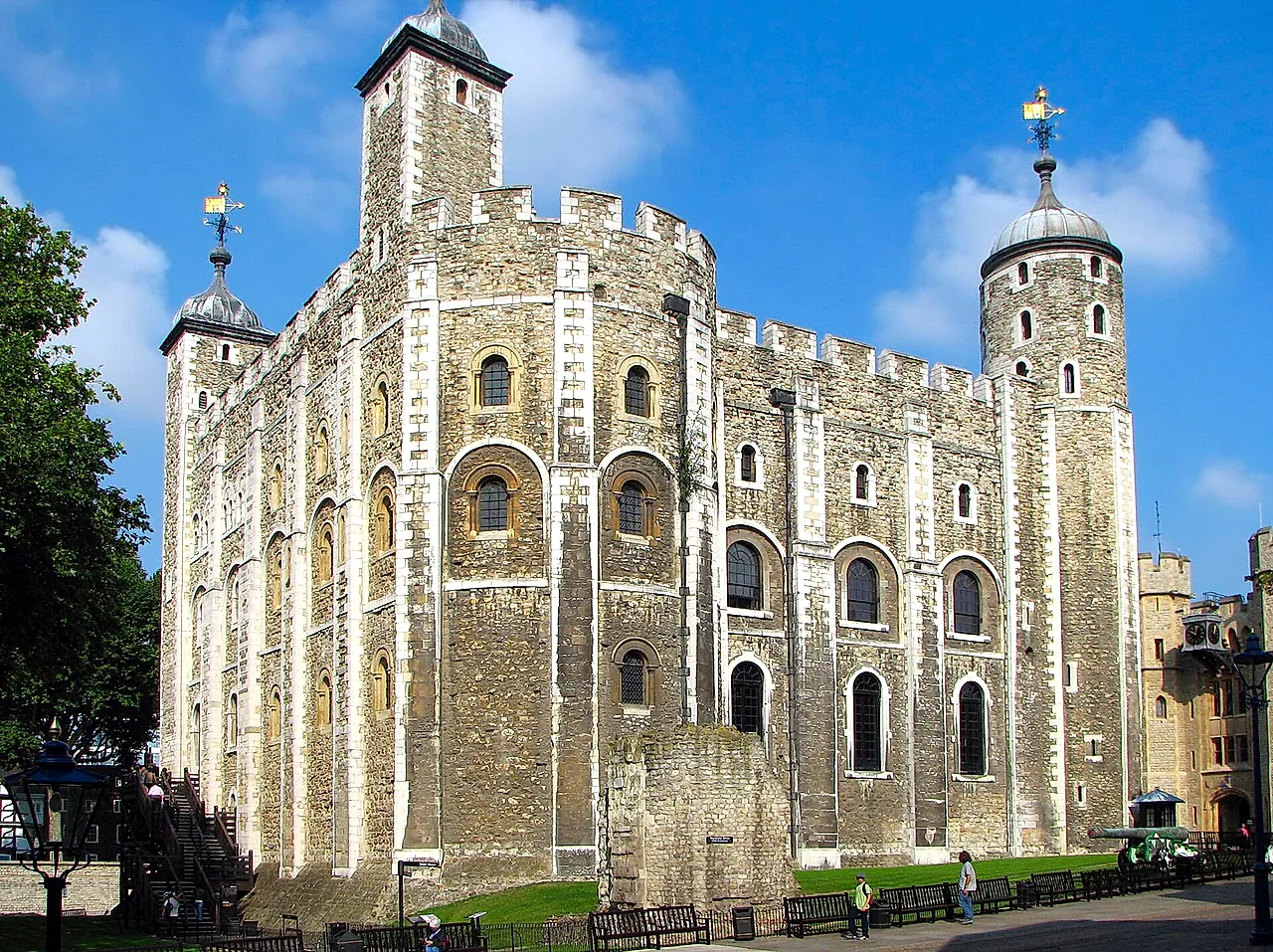 The White Tower, the pale stone Norman keep of the Tower of London, rising above the surrounding walls