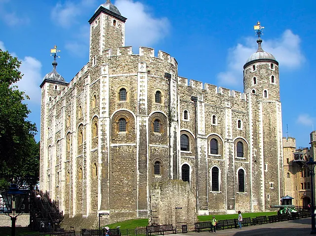 The White Tower, the pale stone Norman keep of the Tower of London, rising above the surrounding walls